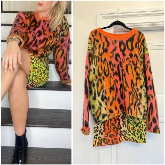 STELLA MCCARTNEY NEON ORANGE PINK LEOPARD SET SIZE 44 RETAIL $1900 MOHAIR  RARE - Picture 1 of 12